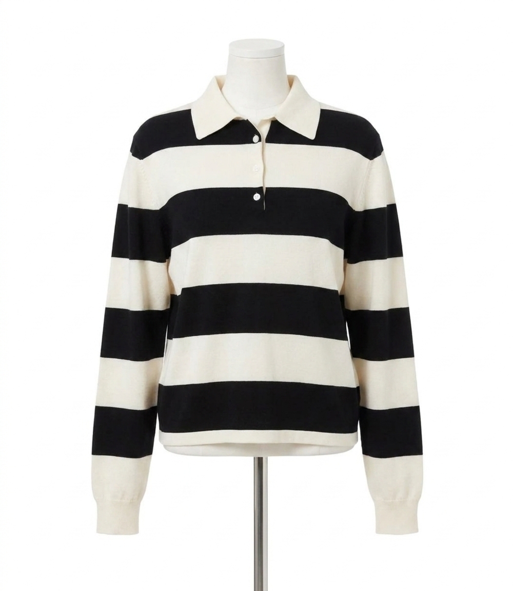NEW KAREN KANE game day collared stripe sweater in off white with black